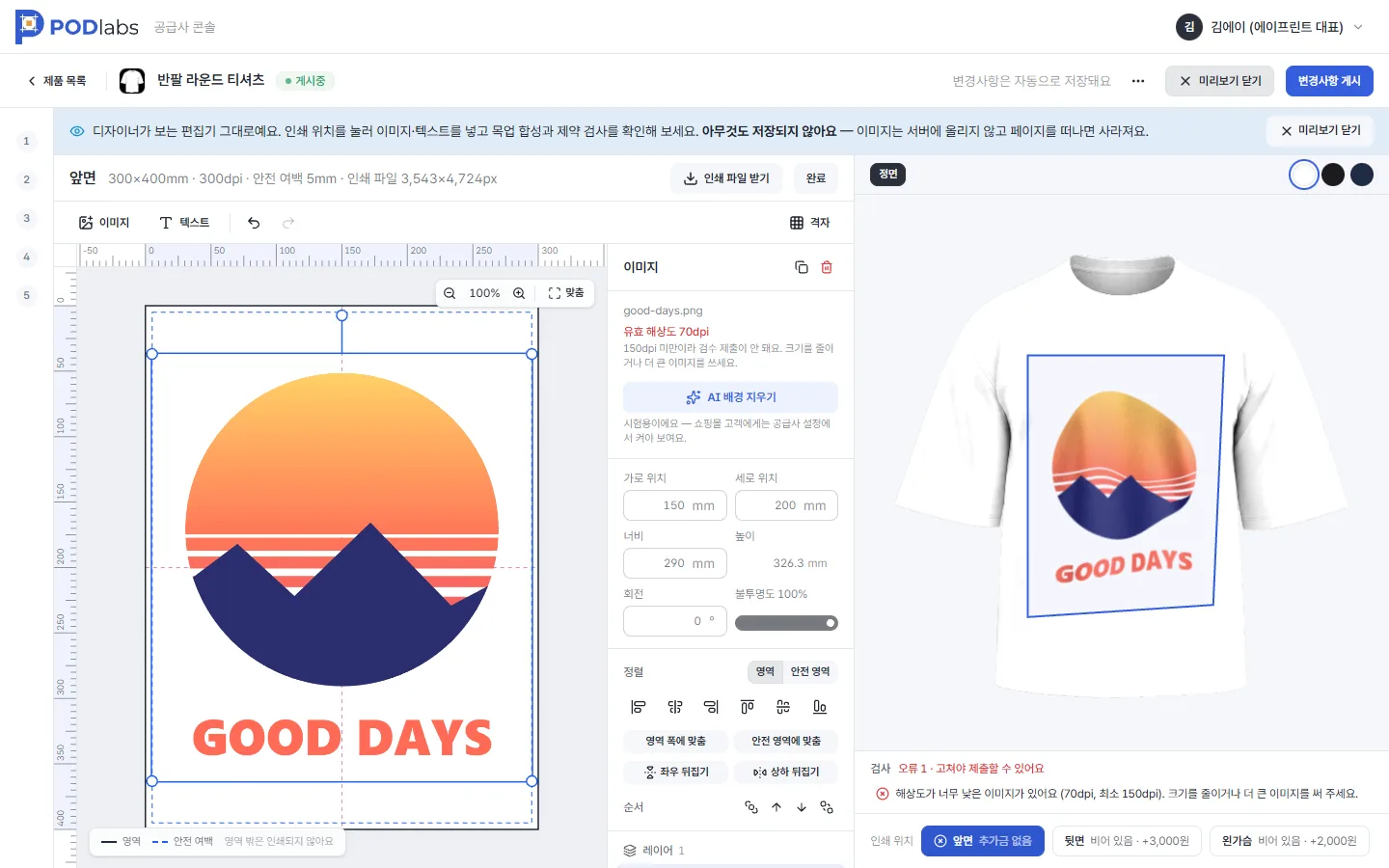 편집기 검사 화면 — 해상도 검사 결과